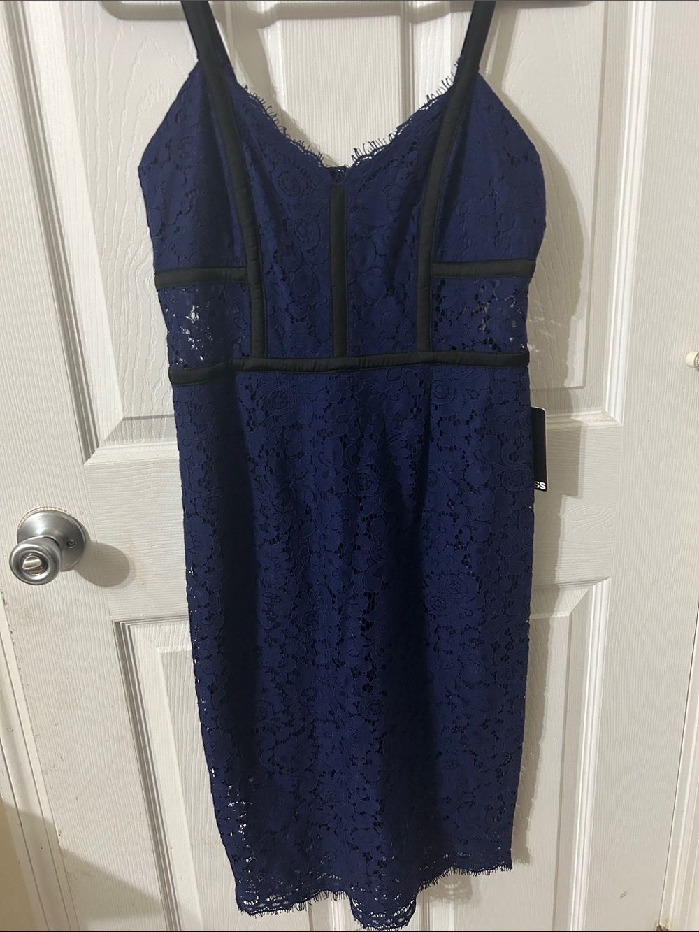 Express Navy Lace Midi Dress with Black Trim